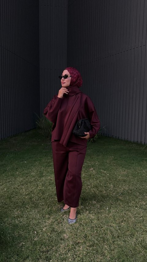 Omuz Şal Detaylı Takım - Bordo