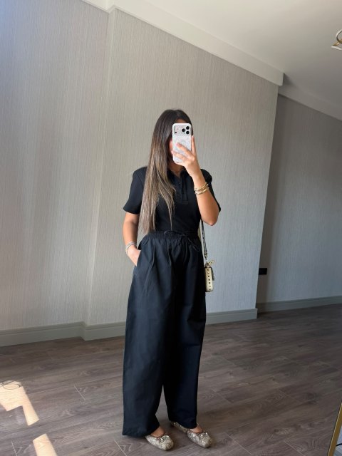 Beli Lastikli Bol Paça Pantolon - Siyah
