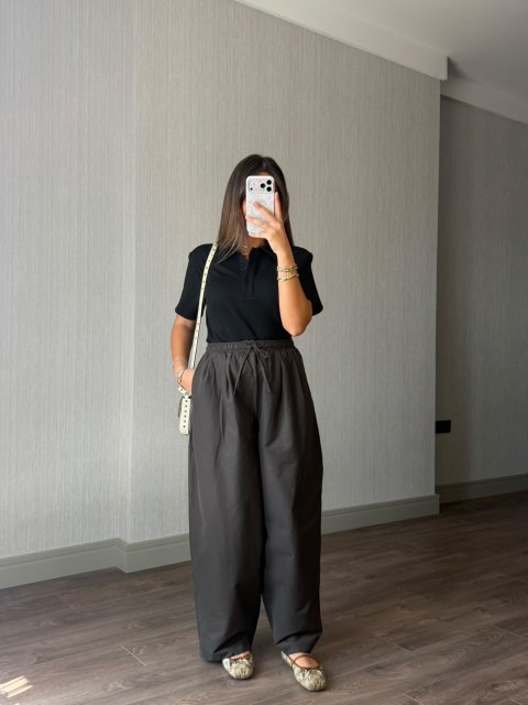 Beli Lastikli Bol Paça Pantolon - Kahve